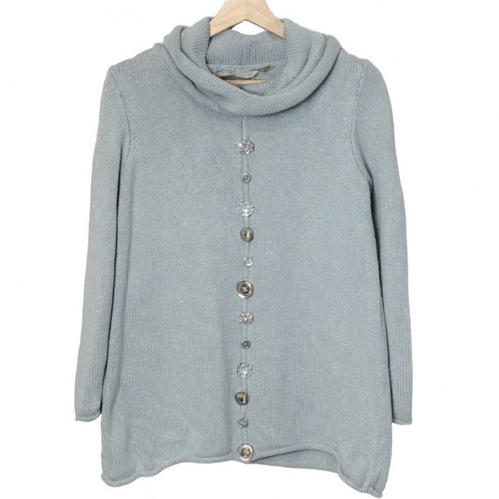 Soft Surroundings Silver Crystal Button Cowl Neck‎ Sweater M Holiday Festive